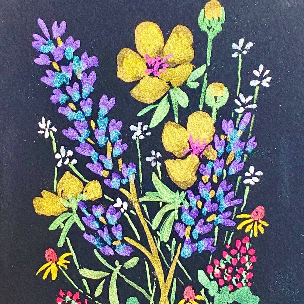 Flower Riot 2 Original Iridescent Watercolor Painting 8x10in Matted Frame Ready